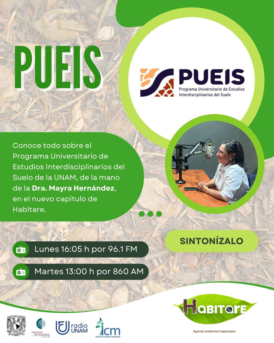 Instituto de Ecologia,UNAM (@iecologiaunam) on Twitter photo ¡Te esperamos en Habitare!🌱
No te pierdas nuestro programa de hoy. Nos acompaña la Dra. Mayra Hernández del PUEIS🍃
📻A las 16:05 p.m. por 96.1 FM y en línea radio.unam.mx Una co-producción con @radiounam e <a href="/iniciativaclima/">Iniciativa Climática de México</a>
👉🏽Nuestros podcast en shorturl.at/Vydtk ¡Te esperamos en Habitare!🌱
No te pierdas nuestro programa de hoy. Nos acompaña la Dra. Mayra Hernández del PUEIS🍃
📻A las 16:05 p.m. por 96.1 FM y en línea radio.unam.mx Una co-producción con @radiounam e <a href="/iniciativaclima/">Iniciativa Climática de México</a>
👉🏽Nuestros podcast en shorturl.at/Vydtk