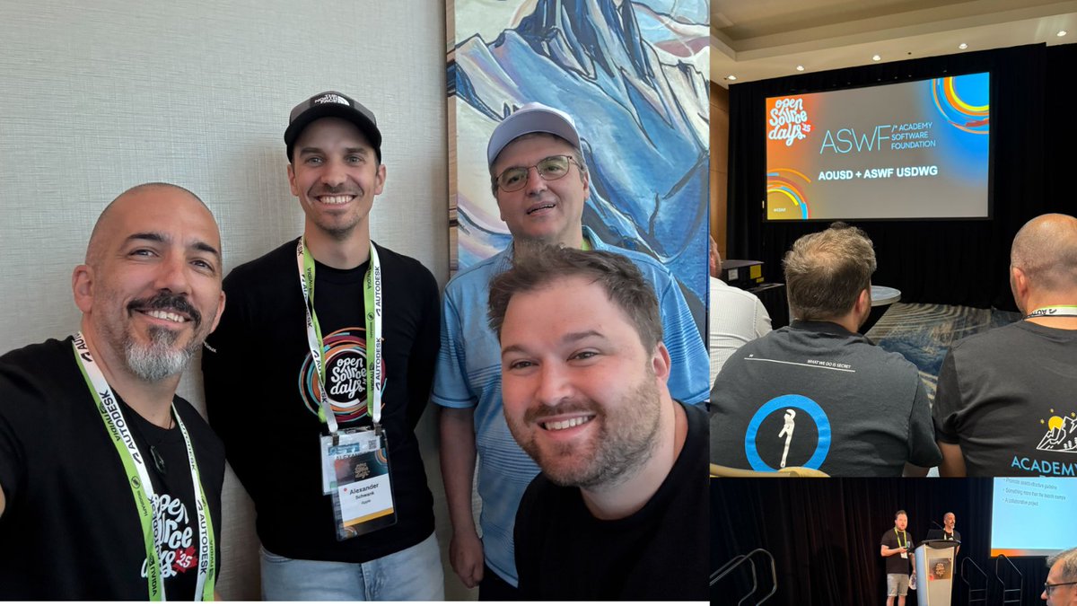 o3dengine's tweet image. 🎬 Live from SIGGRAPH 2025!
📍 John Bryant, Executive Director of the #Open3DFoundation, is onsite connecting with folks and sharing insights.
📸 Check out these photo highlights from the event below 👇 Odie featured in the AOUSD + ASWF USDWG presentation!