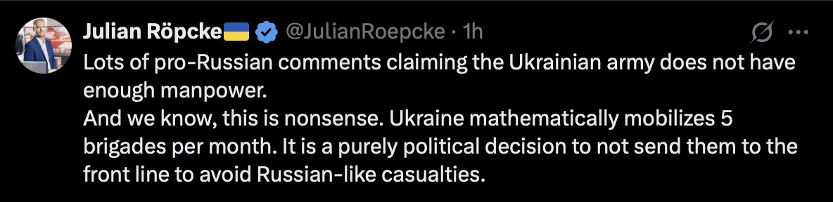 Help figure this logic. Ukraine could easily win the war, but it prefers not to send its men to the frontline because they'll become casualties? 
That's like saying you could beat Mike Tyson, but prefer not to fight him to avoid being punched in the face by him. 
What.🤔