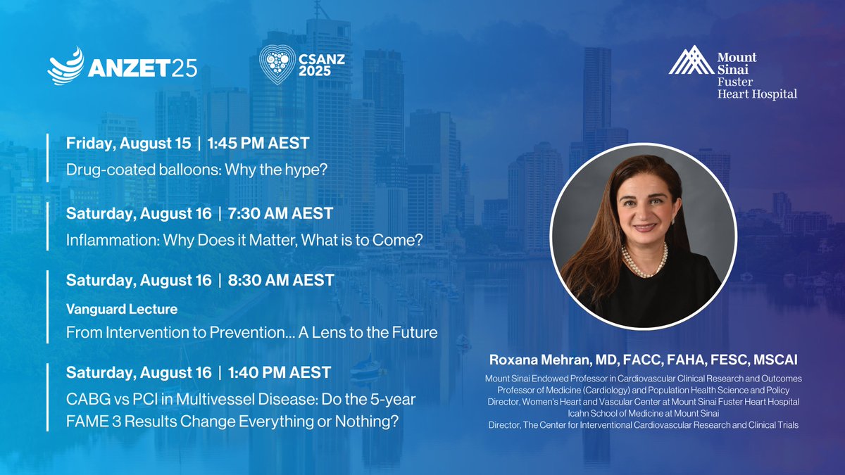 Mount Sinai Fuster Heart Hospital (@mountsinaiheart) on Twitter photo .<a href="/Drroxmehran/">Dr Roxana Mehran</a> will present the Vanguard lecture at #ANZET25 on โFrom Intervention to Preventionโฆ A Lens to the Future.โ Join her to learn about the latest advancements in interventional #cardiology.
<a href="/thecsanz/">CSANZ</a> <a href="/IcahnMountSinai/">Icahn School of Medicine at Mount Sinai</a> #CardioX .<a href="/Drroxmehran/">Dr Roxana Mehran</a> will present the Vanguard lecture at #ANZET25 on โFrom Intervention to Preventionโฆ A Lens to the Future.โ Join her to learn about the latest advancements in interventional #cardiology.
<a href="/thecsanz/">CSANZ</a> <a href="/IcahnMountSinai/">Icahn School of Medicine at Mount Sinai</a> #CardioX
