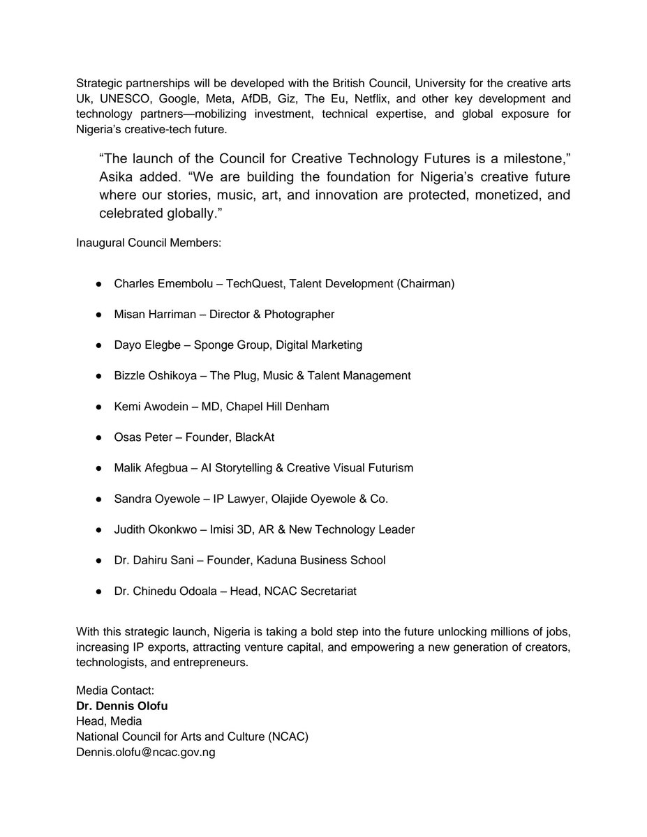 ncac_nigeria's tweet image. Nigeria launches Council for creative Technology futures (CCTF) to drive innovation across Cultural and Creative Industries 📢📢📢

#creativefuturesNigeria #cultureandcode #CCTF #naijainnovation