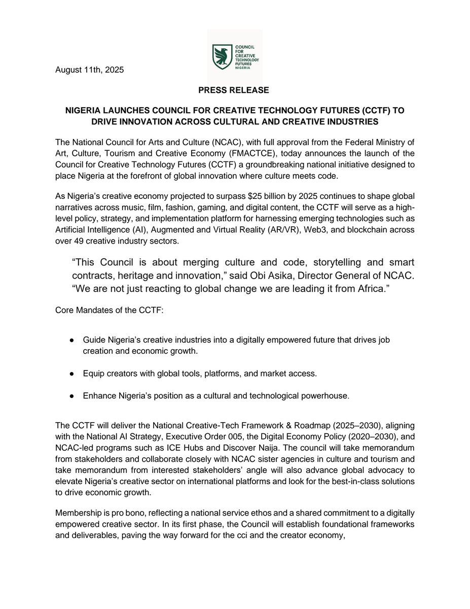 ncac_nigeria's tweet image. Nigeria launches Council for creative Technology futures (CCTF) to drive innovation across Cultural and Creative Industries 📢📢📢

#creativefuturesNigeria #cultureandcode #CCTF #naijainnovation