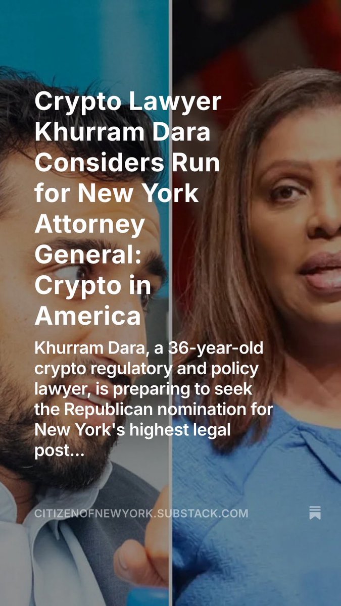 Crypto Lawyer @KhurramDara Considers Run for New York Attorney General:  Crypto in America via @CryptoAmerica_ @EleanorTerrett Link:  https://t.co/4ARo6CCLLI