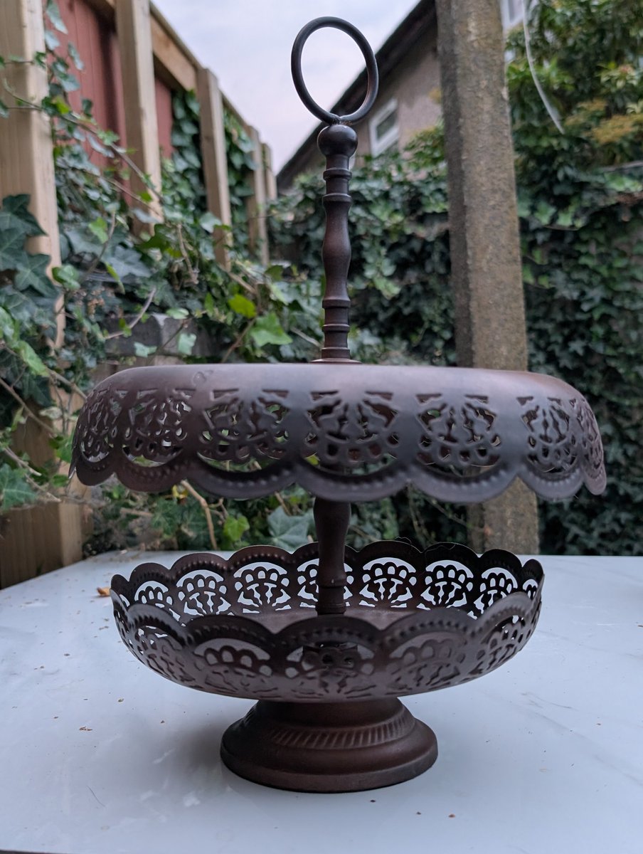 A metal cake stand came to the <a href="/lancashirefirst/">Lancashire First</a> shop. Broken and wouldn't stay together so it was heading to the bin.

Rescued, sprayed, glued and repurposed into a bird feeder. A birthday present for my lovely sister to put in her wildlife-filled garden

#reuse #recycle #garden