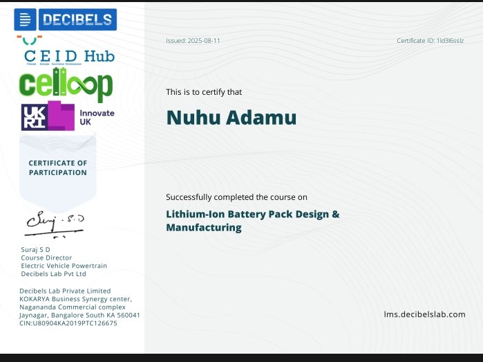 Nuhuadamukogo13's tweet image. Just completed the Battery Pack Design and Manufacturing Training Online Course! 🎉💡 Excited to level up my skills in the energy sector. Big thanks to @CEID Hub, @Celloop, and @Decibel for this amazing opportunity! 🙏 #BatteryPackDesign #EnergySector #SkillUp"