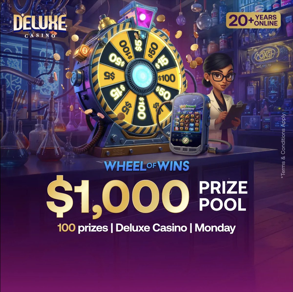 The Wheel of Wins is back with legendary prizes 💰🔥

This week’s games:
▶️ Coins of Zeus
▶️ Caishen: God of Fortune
▶️ Rise of Triton
▶️ Mad Scientist: Breaking Beakers

Play now on Deluxe Casino 👉bit.ly/xBetAnyCasino