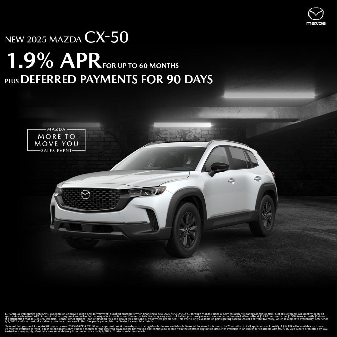 AnnapolisMazda's tweet photo. Adventurous performance in a thoughtfully designed crossover SUV. Take advantage of 1.9% APR and deferred payments on a new 2025 Mazda CX-50! https://t.co/W7saRpLGfJ https://t.co/r5DSnw5u4r