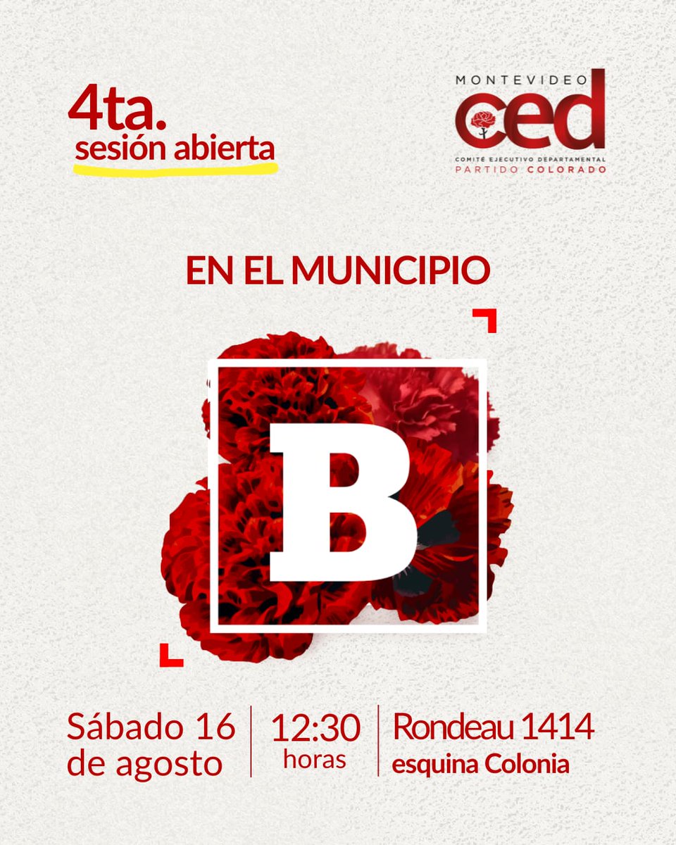 📢 4ta. Sesión Abierta del CED Montevideo
Este sábado 16 de agosto, a las 12:30h, nos reunimos en el Municipio B para seguir trabajando por Montevideo y el Partido Colorado.
📍 Rondeau 1414, esquina Colonia.

🟥 ¡Te esperamos para intercambiar ideas y construir juntos!