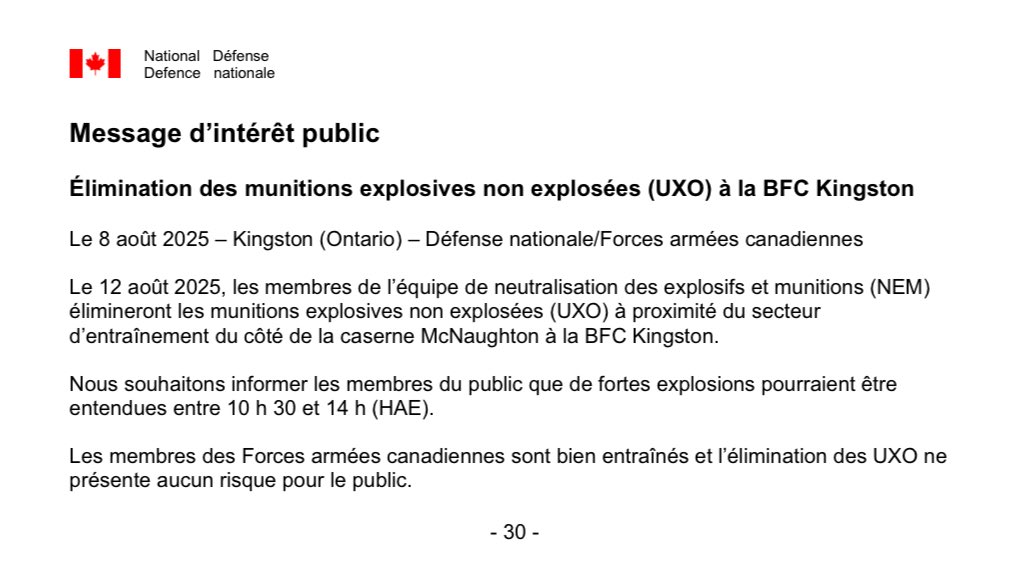 Hey Kingston residents, please be advised that Canadian armed forces will be disposing of unexploded explosive ordnances tomorrow near the McNaughton side of CFB Kingston.

Explosions may be heard during 10:30am until 2:00pm so please be wary. ⏰

Please share with neighbours!🔁