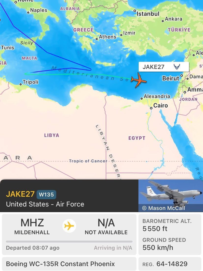 ☢️🇺🇸 US ‘Nuclear Sniffer’ aircraft whose role is to detect traces of nuclear explosions, has been spotted operating in the Mediterranean, cruising along the coast of Libya and Egypt. 👀