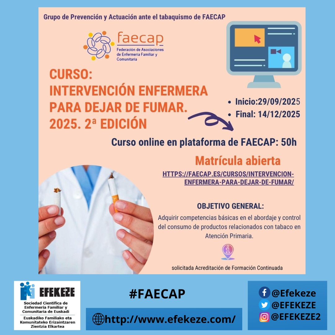 🆕curso <a href="/faecap/">FAECAP +S</a> para abordar el consumo de tabaco desde la práctica enfermera:
🚭 Intervenciones breves
🚭 Promoción de la salud y prevención
🚭 Enfoque comunitario y basado en la evidencia

🔗 Consulta en ⬇️
faecap.es