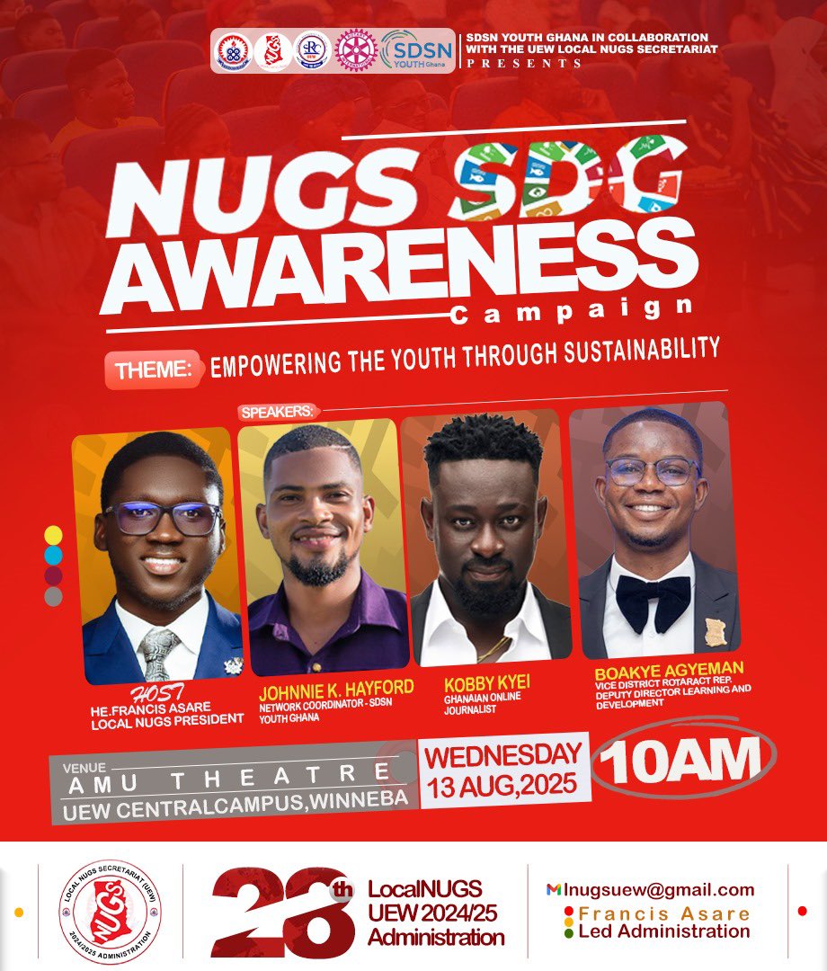 🇦🇹🇦🇹28th L’NUGS🇦🇹🇦🇹
___Dear UEW,
The SDG Awareness Conference is here

Come and be part of the conversation shaping a sustainable future.  
Engage with powerful speakers, connect with changemakers, and discover how you can make an impact, right from campus to community.
