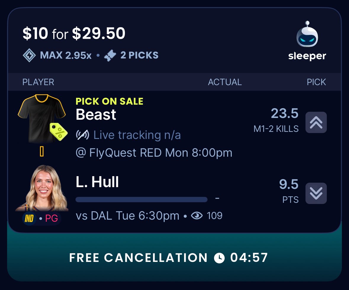 BigMuneyMKE's tweet photo. Sleeper esports discount. Getting Lexie Hull at -152, and it’s currently -135 fair, so despite not being able to calculate, we’re definitely getting some +EV here. #GamblingX #GamblingTwitter #SportsBetting #DFS #WNBA #WNBAPlayerProps #Sleeper #esports #beast https://t.co/vNrLrYx76N