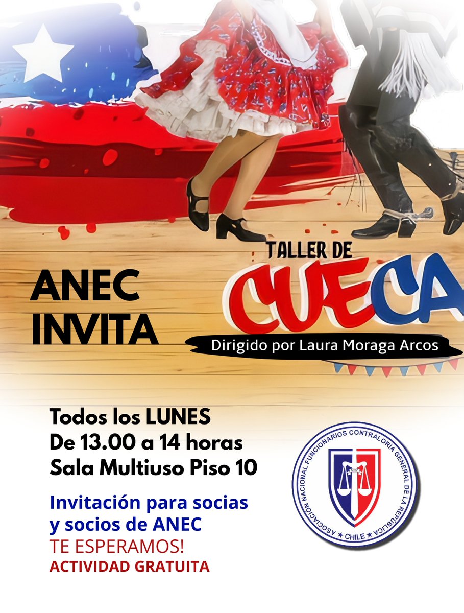 Invitación para socias y socios de ANEC

TALLER DE CUECA!! 🇨🇱 🇨🇱 🇨🇱

TE ESPERAMOS!
ACTIVIDAD GRATUITA

Dirigido por Laura Moraga Arcos
Todos los LUNES 
De 13.00 a 14 horas
Sala Multiuso Piso 10