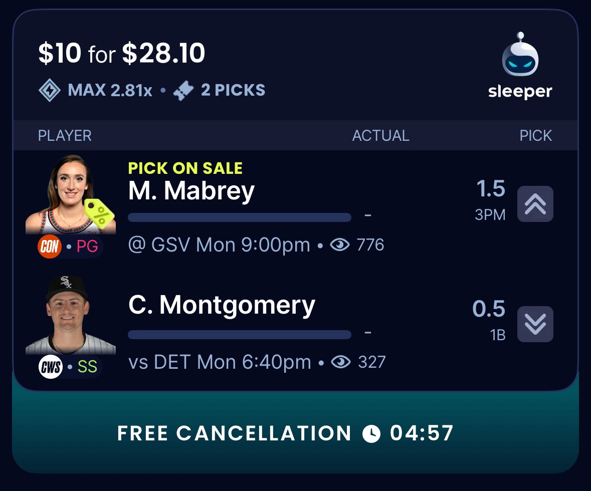 BigMuneyMKE's tweet photo. Marina Mabrey sleeper discount. Pairing with Colson Montgomery under singles, and this is +21.2% EV! #GamblingX #GamblingTwitter #SportsBetting #DFS #WNBA #WNBAPlayerProps #MLB #MLBPlayerProps #Sun #ConnecticutSun #WhiteSox https://t.co/eiDRwAhzW2