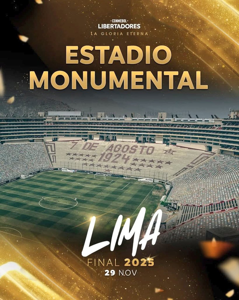 GARRACREMAYROJO's tweet photo. ¡FINAL MON🅤MENTAL!
CONMEBOL confirma Final Libertadores 2025 en el Estadio Mon🅤mental para el 29 de Noviembre.
Será la segunda final que se jugará en Ate.
¿Y la Final Sudamericana 2025?
¡LOLOⓊVIVE! https://t.co/qcxYcuKHsl