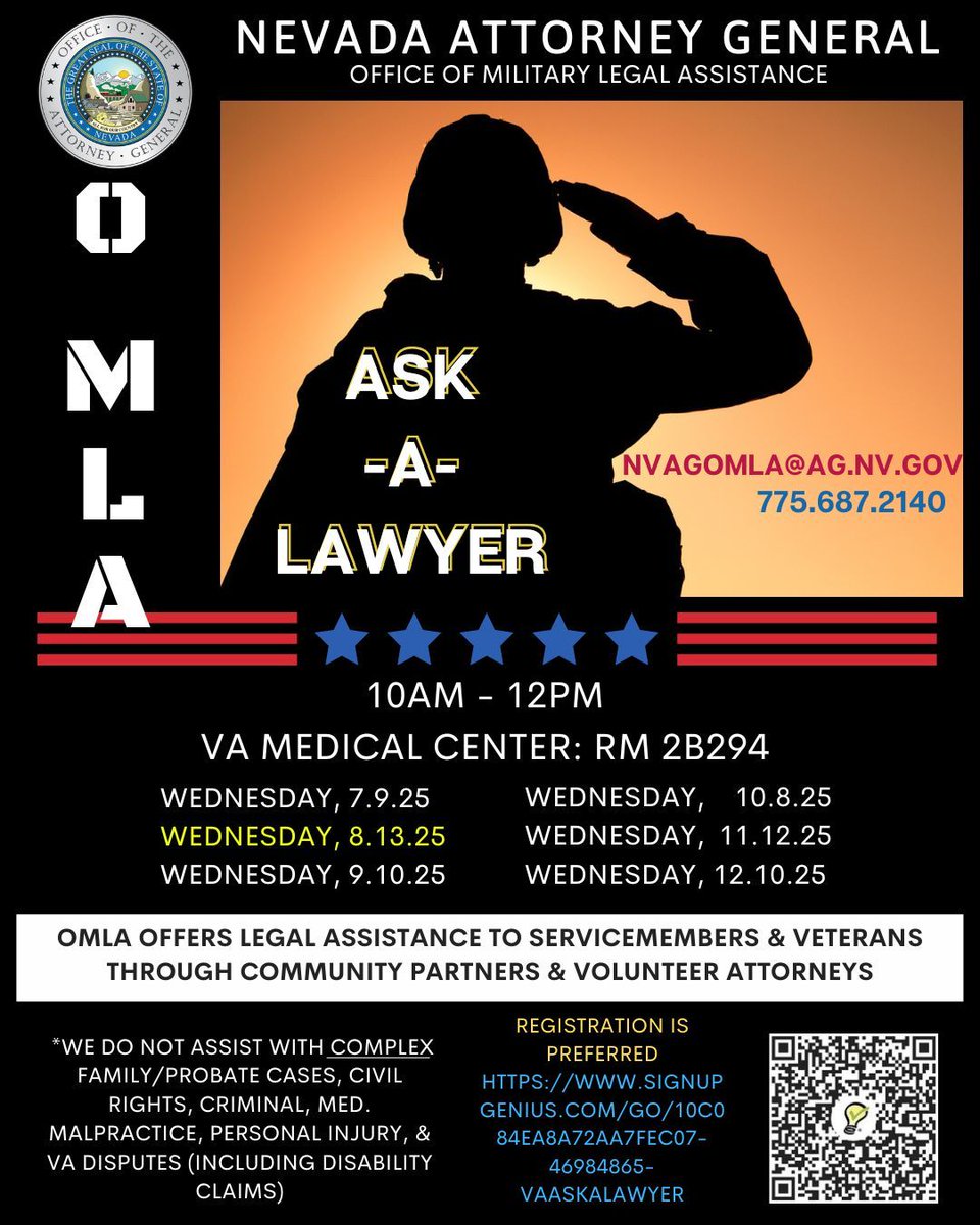 The Nevada Attorney General's Office of Military Legal Assistance is having their next Ask-a-Lawyer event offering non-complex legal assistance to servicemembers and veterans on Wednesday, Aug. 13 from 10am to Noon. Sign-up at the link below. 
bit.ly/457L2Qj
