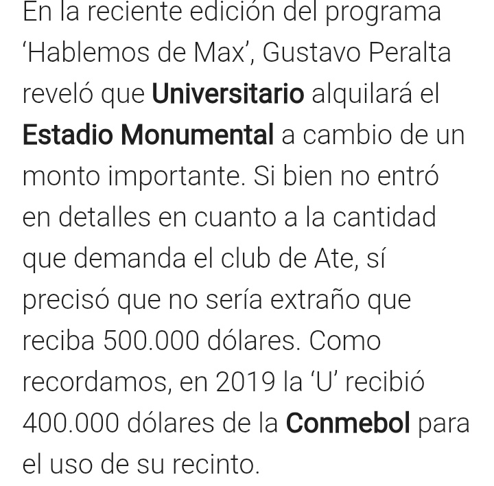 Ya confirmado que la final de la <a href="/Libertadores/">CONMEBOL Libertadores</a> será en el Monumental. Esperamos que esta administración si use el dinero en mejorar los baños del Monu y demás arreglos que necesita el estadio. 

El 2019 los Leguía, prácticamente, se tiraron la plata porque no arreglaron nada.