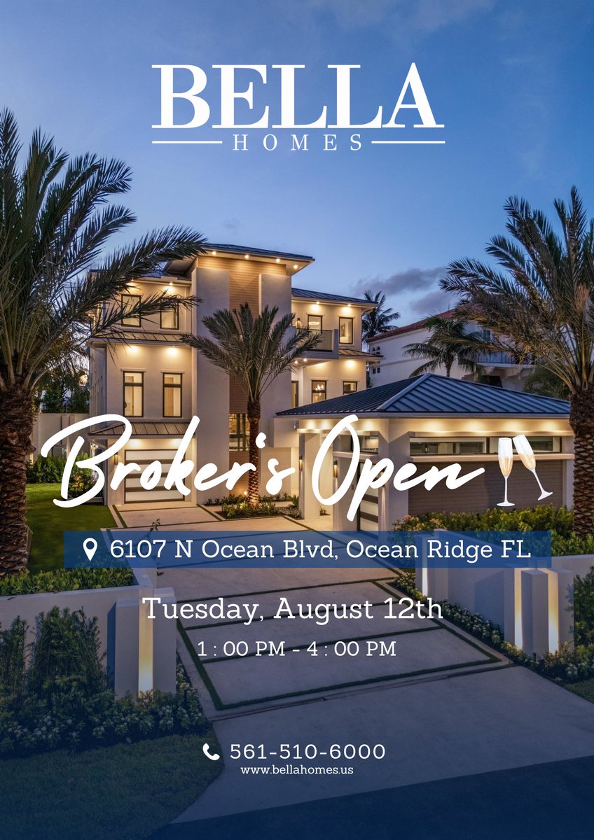 BellaHomesUS's tweet photo. ⚠️Attention, South Florida Brokers!⚠️

You're invited to an exclusive Broker's Open at Bella Homes' latest masterpiece: 6107 N Ocean Blvd, Ocean Ridge FL.

📆Tuesday, August 12th 1 PM - 4 PM

🥂Champagne &amp; light bites served

See you there! ✨ https://t.co/6WEoisCrw3