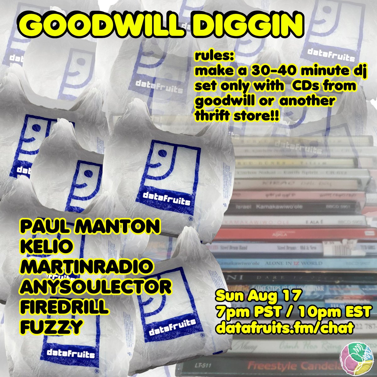datafruits's tweet image. Next Sunday on DATAFRUITS
GOODWILL CDs ONLY    

Every DJ will make a set using only CDs from a single goodwill digging session !!   

TUNE IN

@freedrull @mrpaulmanton 
@TeleportParty @MartinRadio_