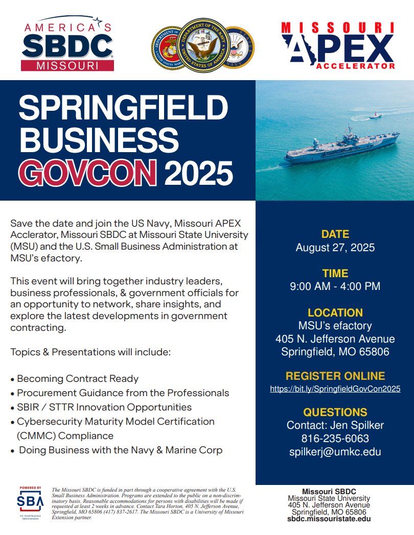 Springfield, MO small businesses! Ready to explore government contracting? Join the SBA &amp; partners at the free Springfield Business GOVCON 2025.
> 🗓️ Wed, Aug. 27
Register here: sba.gov/event/73667