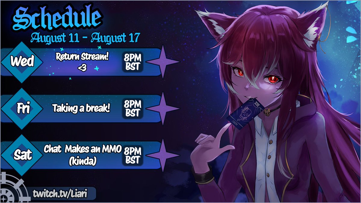 LiariTTV's tweet photo. I'm baaaaaack!

Gonna be doing a 2 Day weekly schedule for now while I get back into the swing of things - but I'm excited to see you guys this Wednesday for my return stream! <3 https://t.co/eztUGzaIYx