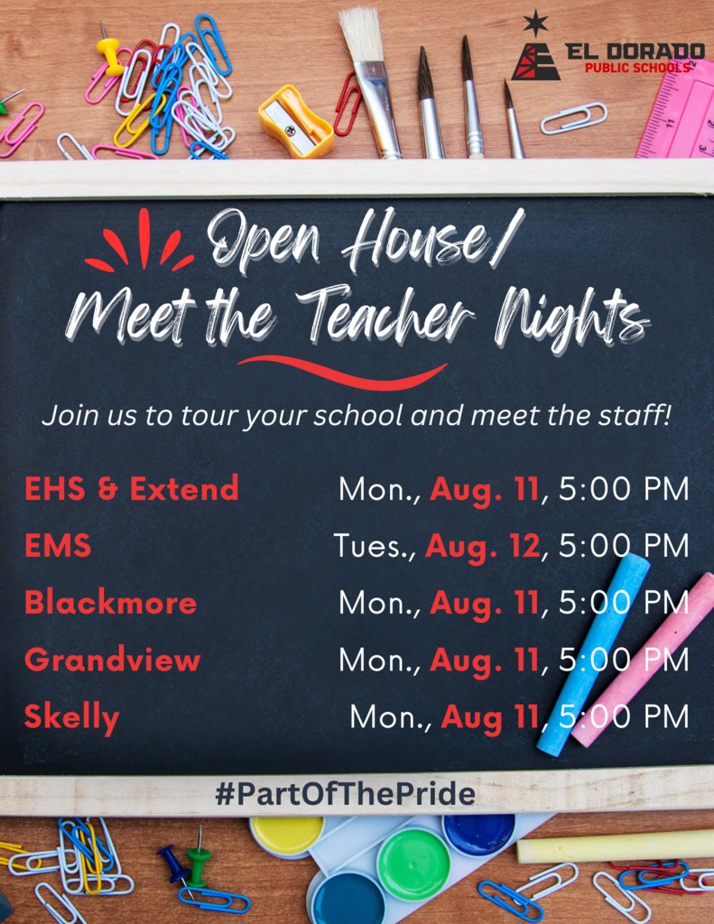 EHS/Extend Open House and elementary Meet the Teacher Nights are TONIGHT (8/11) at 5 PM! Come meet our staff, tour the building, and make sure you are ready for the first day of school in #PartOfThePride.