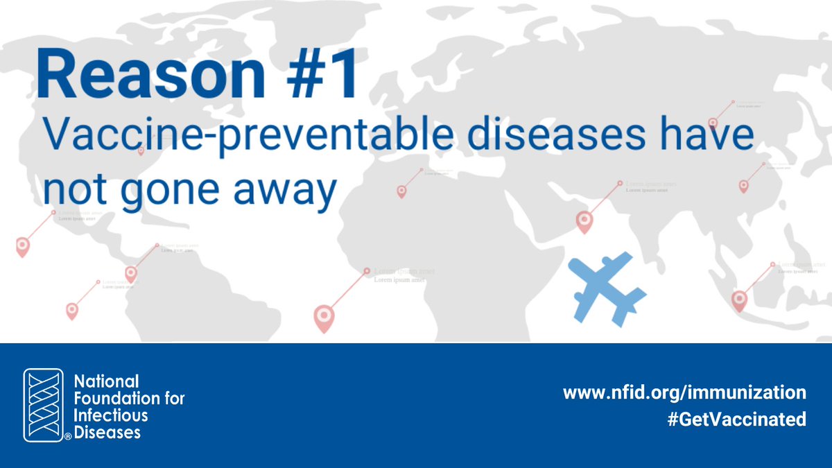 Throughout #NIAM2025, #NFID will be sharing 1️⃣0️⃣ reasons to #GetVaccinated! 

1️⃣: Vaccine-preventable diseases have not gone away
While many preventable diseases are no longer common in the US, global travel makes it easy for diseases to spread ✈️

💡 ow.ly/wq2R50WCbxH