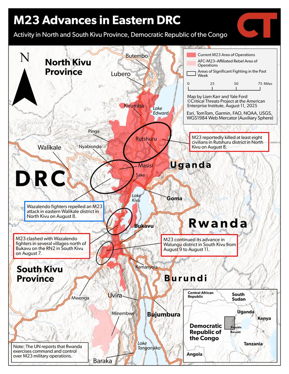 In today's Congo War Security Review:

The DRC and Rwanda held the first Joint Security Mechanism meeting as part of the US-brokered peace agreement.

M23 continued its advance in Walungu district in South Kivu.

Congolese media reported that M23 killed at least eight civilians