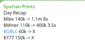 Cooking daily in my tele!

$rex 140k -&gt; 1.1m 8x
$miner 110k -&gt; 400k 3.5x

This week gonna be fire!
t.me/SpartanPrints