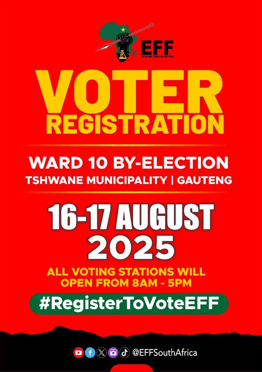 ingridmothiba3's tweet photo. ♦️Voter Registration♦️

Residents of Ward 10 Tshwane Municipality #RegisterToVoteEFF from the 16th to the 17th of August 2025. ❤️💚🖤 https://t.co/MF30UTMjzy