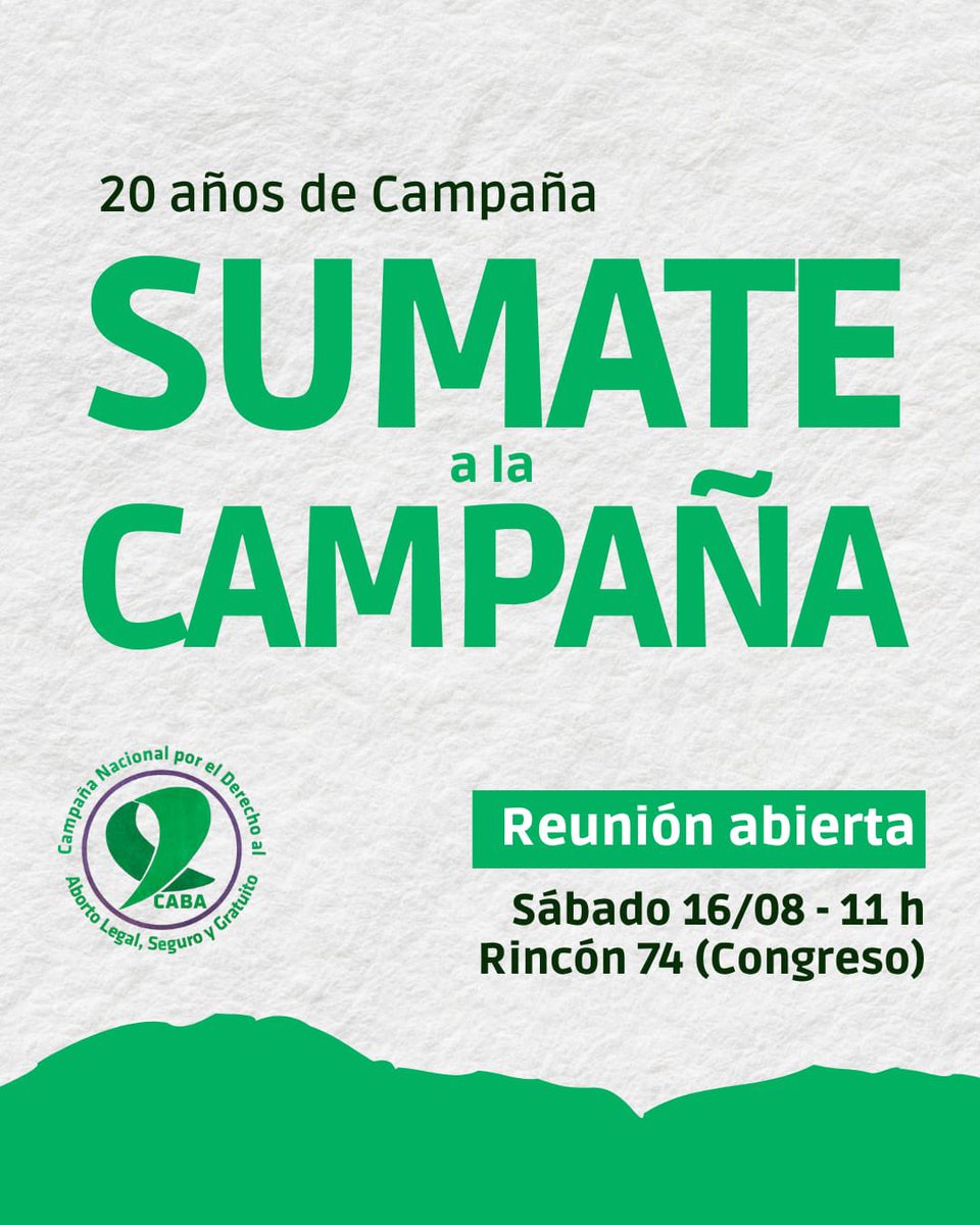 CampAbortoCABA's tweet photo. Si querés ser parte de la Campaña y activar con nosotres, sumate este sábado 16 de agosto, 11 h a una reunión abierta. Vení a conocer en qué andamos, cómo nos organizamos y seguimos defendiendo nuestros derechos.

📍Rincón 74 (barrio Congreso), CABA.

#SeguimosEnCampaña https://t.co/0ZciSqY9fa