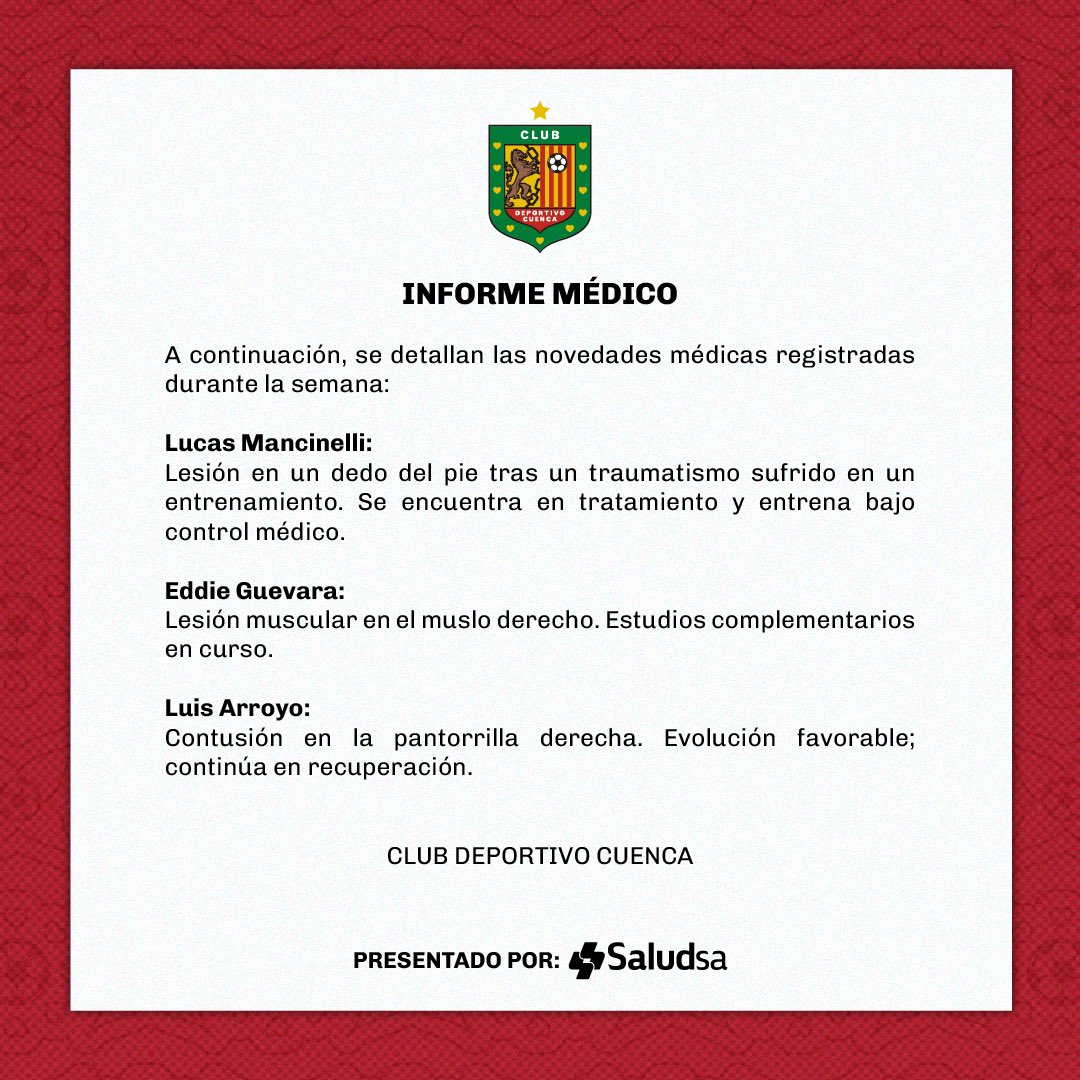 el_volver's tweet photo. Antes de su duelo ante Emelec, Deportivo Cuenca informó sobre novedades médicas de su plantel. Lucas Mancinelli presenta lesión en un dedo del pie y entrena bajo control médico. Eddie Guevara con una lesión muscular y  Luis Arroyo padece una contusión en la pantorrilla derecha. https://t.co/xrmgHm2J76