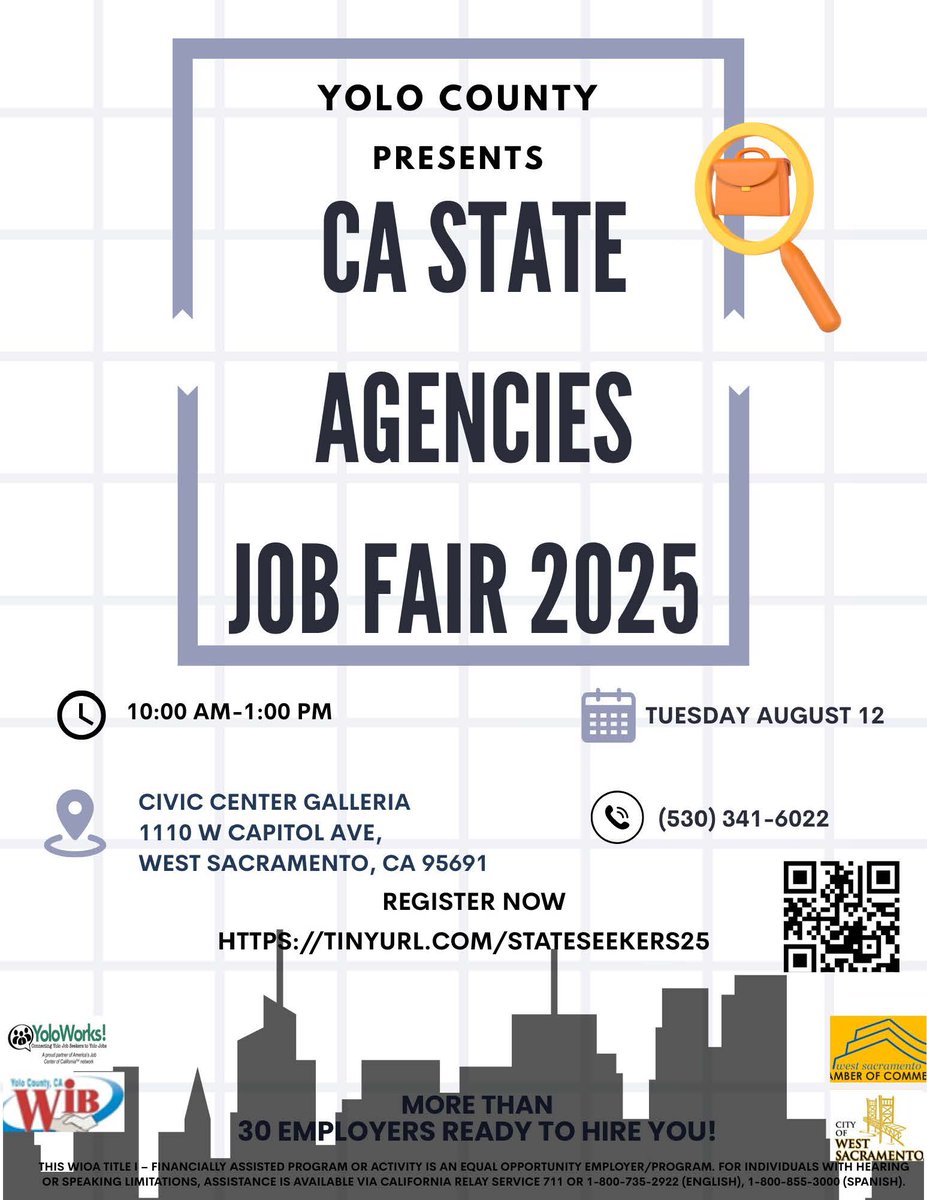 Looking for a career with the State of California? Meet recruiters from multiple state agencies - including #TeamCDTFA - at the Yolo County Job Fair on Aug. 12 at the Civic Center Galleria in West Sacramento. Register here: docs.google.com/forms/d/1vchJI…