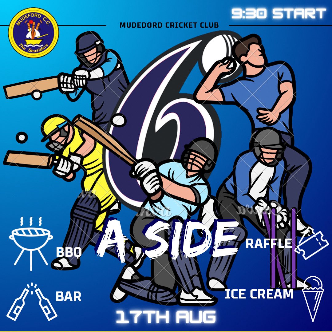 Our annual 6-a-side day is this Sunday starting at 9:30 🏏

Come down and support the club and enjoy the day with a fully licensed bar, bbq and raffle all helping to raise funds for the club!

#cricket #cricketclub #local #localcricket #mudeford #UpTheMuddies #Seasiders