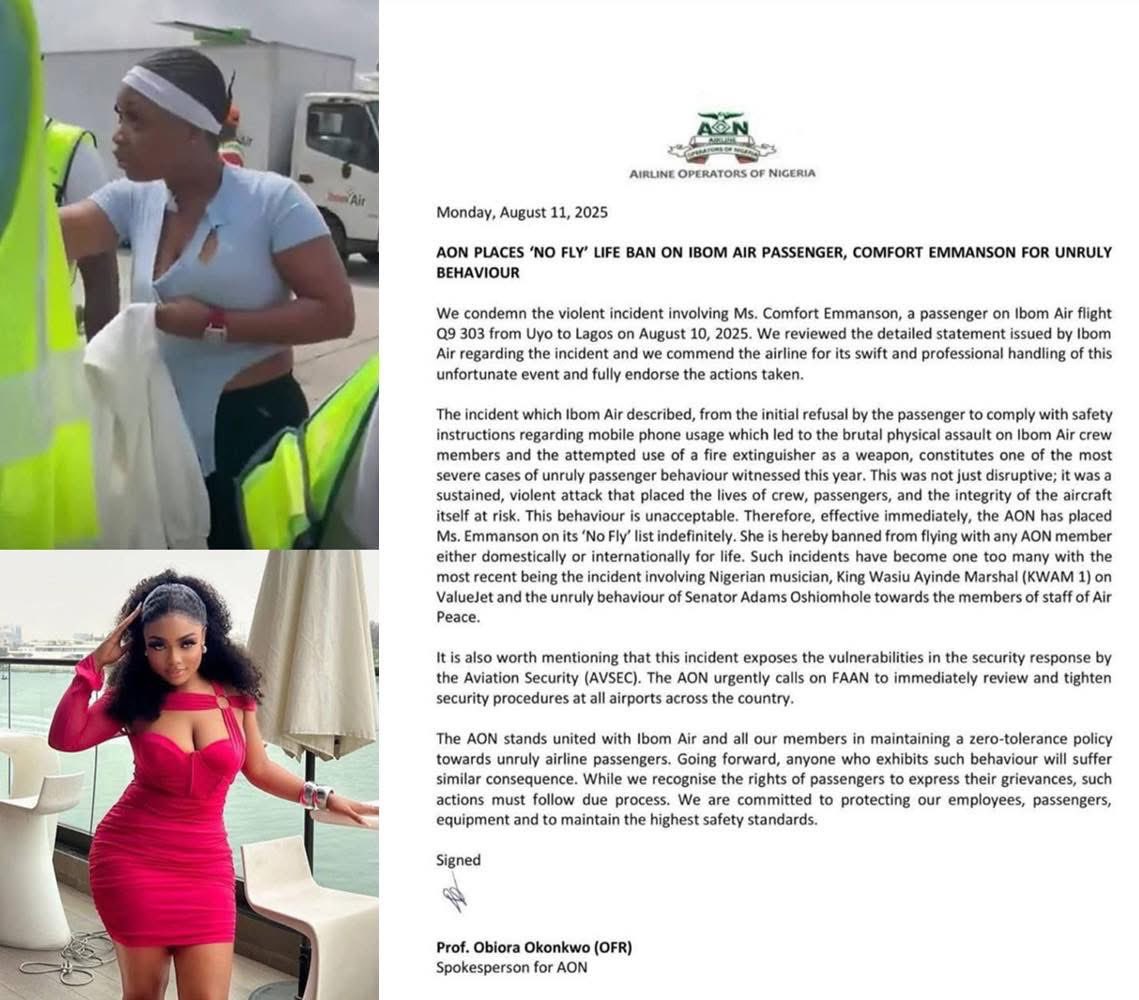 mediaalovers's tweet photo. AON places lifetime no-fly ban on Ibom Air passenger over unruly behaviour for both local and international flights. https://t.co/k7HMvWrBsP