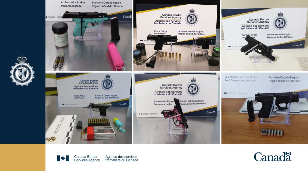 CanBorder's tweet photo. In one week, #CBSA officers in #SouthernOntario seized 10 firearms, 5 magazines, and 121 rounds of ammunition from U.S. residents seeking entry to Canada. #WeeklyWeaponsWrap https://t.co/HL52bn77Ri