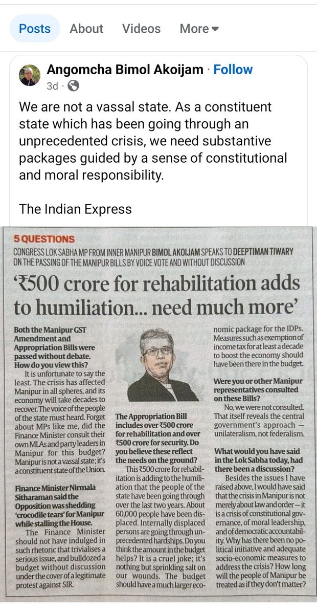 Hon'ble <a href="/Bimol_Akoijam/">A. Bimol Akoijam</a> Ji, an allocation of Rs 500 crores may suffice for Meitei internally displaced persons who previously occupied lands in Kuki-Zo Tribal Areas as illegal settlers, providing compensation for the properties and livelihood they lost. However, for the persecuted