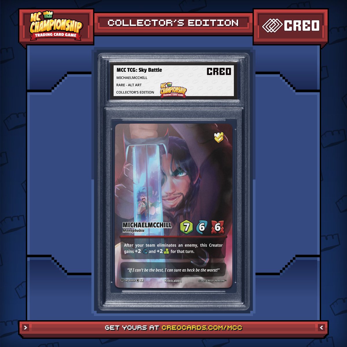 Michaelmcchill's tweet photo. Long tweet. 💜

My @MCChampionship_ Collector's Edition card can FINALLY be revealed. I've been so stoked about this and hate that I've not been able to talk about it.

This is my second card in the series by @Kiwicabbit, and it's absolutely gorgeous. I may be biased, but it's probably one of my favorites in the whole game.

If you told me when I was a kid that I'd have not one, but four cards in a card game that I *actually* enjoy, I'd have lost it. Not only that, but I was able to choose the most talented artists I know of, but also my amazing friends @osidinum and Kiwi. I'm constantly blown away by the art that this game has been able to produce alongside so many amazing artists and creators.

The people at @creocards and @Noxcrew (especially @CloudFuel and @avondale1718) have been a pleasure to work with, and this project has been so cool seeing come together.

You can pick up these collector's edition cards on August 18th at the link below! Thanks for supporting these awesome projects.

https://t.co/rpZlVVvhAZ