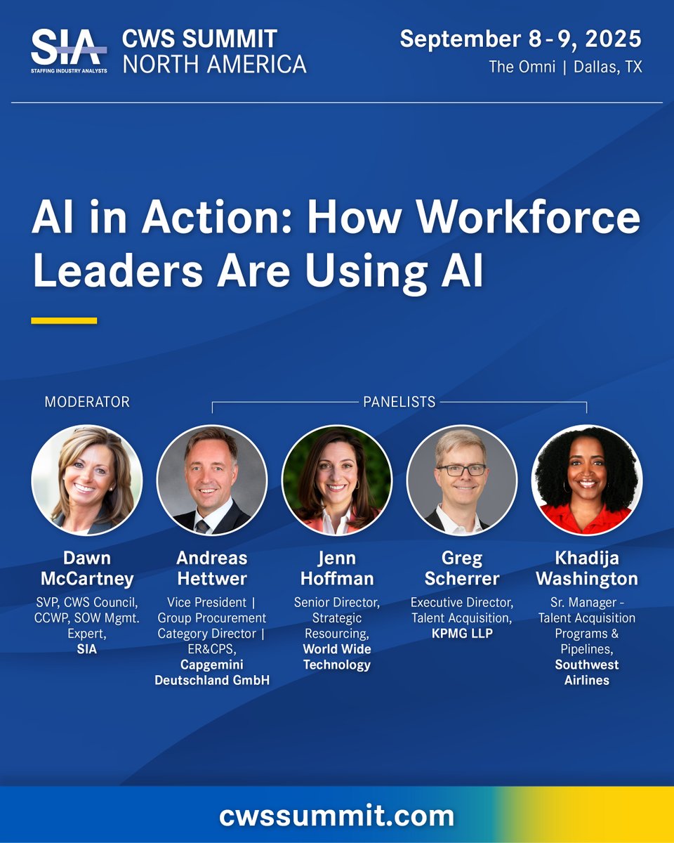 SIAnalysts's tweet image. AI is no longer the future. It’s the present.

Stop talking about AI and see how program managers are actively making AI work with them at #CWSSummit

Register: CWSSummit.com

 #StaffingIndustry #ContingentWorkforce #WorkforceInnovation #TalentStrategy #AI #Technology