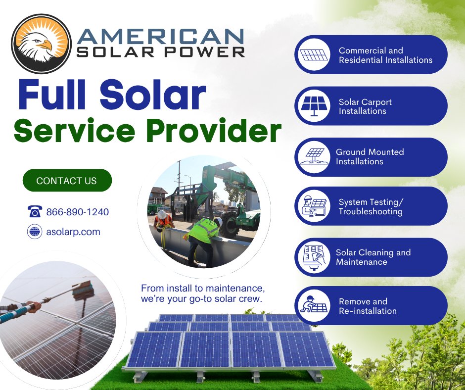 AmericanSolarP's tweet image. From rooftops to ground mounts, we handle every install. Add in cleaning, maintenance, and yearly check-ups to keep your solar shining bright and producing at its peak. #LocalandReliable #SolarSolutionsForAll #AmericanSolarPowerInc #SolarPanelCleaning 🔧👷‍♀️👷