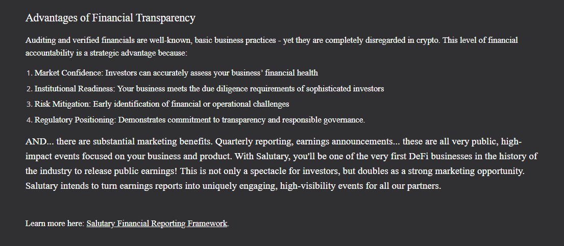 Salutary isnt only a standardizer of global M&amp;A for crypto (Carl Icahn of the Coins), we're also its 1st financial auditor (Deloitte of DeFi)

What're advantages of audited financials + quarterly public earnings? So glad you asked!

Understanding Salutary: salutary.io/what-is-saluta…