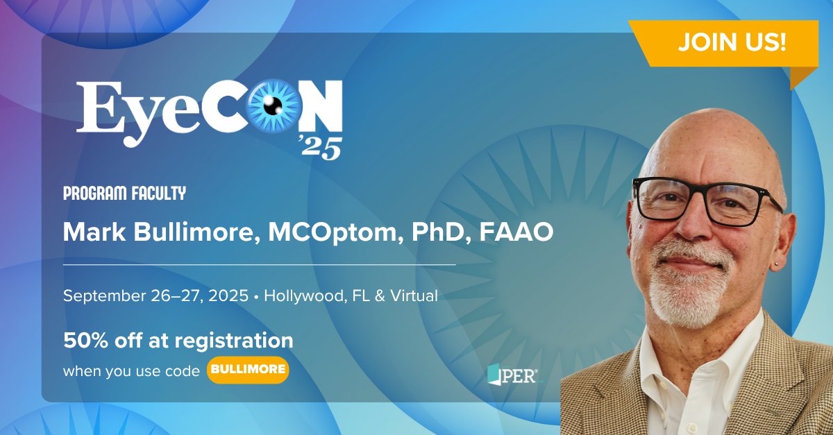 Join Mark Bullimore, MCOPtom, PhD, FAAO, and other leaders at EyeCon 2025! Hear about the latest advances in eye care and earn up to 14 CME/COPE credits.

Sign up NOW and use code BULLIMORE to save on registration. Click here: hubs.li/Q03xvN9Q0