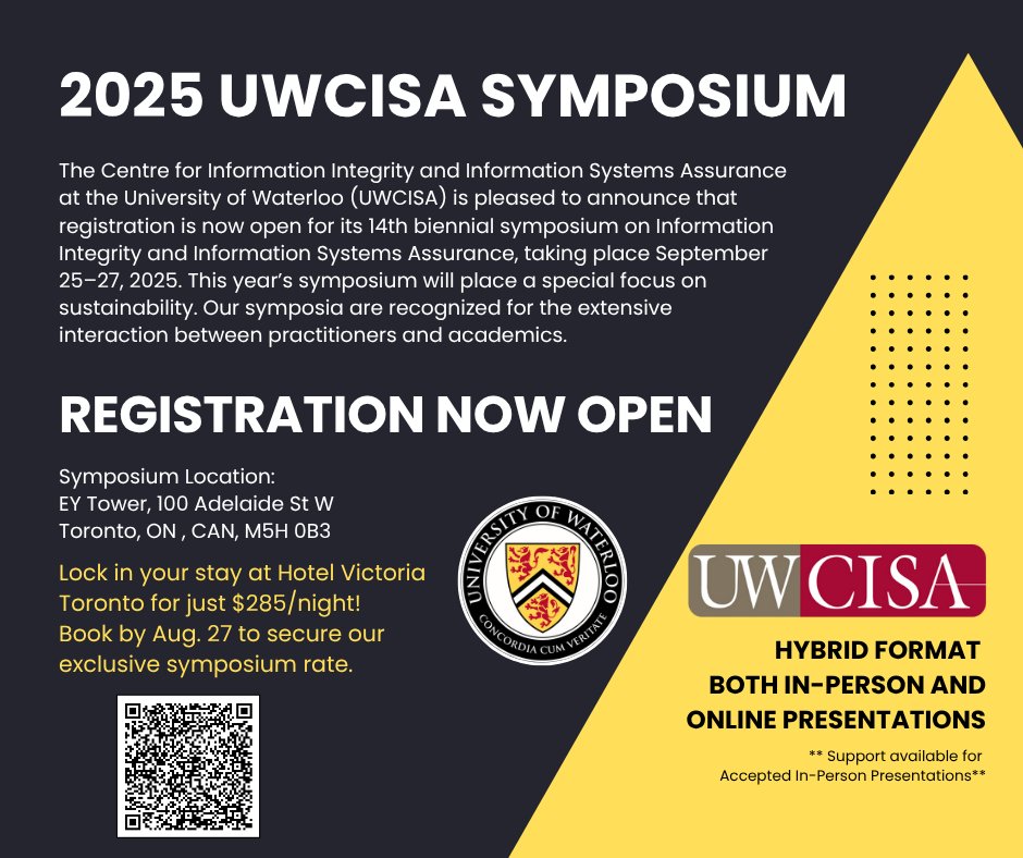 UWCISA (@uwcisa1) on Twitter photo 🚨 Registration is now OPEN for the 2025 UWCISA Symposium – September 25–27, 2025! 🚨
🌐 Event Details & Registration: uwaterloo.ca/uwaterloo-cent…
<a href="/UWaterlooSAF/">UWaterloo SAF</a> 🚨 Registration is now OPEN for the 2025 UWCISA Symposium – September 25–27, 2025! 🚨
🌐 Event Details & Registration: uwaterloo.ca/uwaterloo-cent…
<a href="/UWaterlooSAF/">UWaterloo SAF</a>