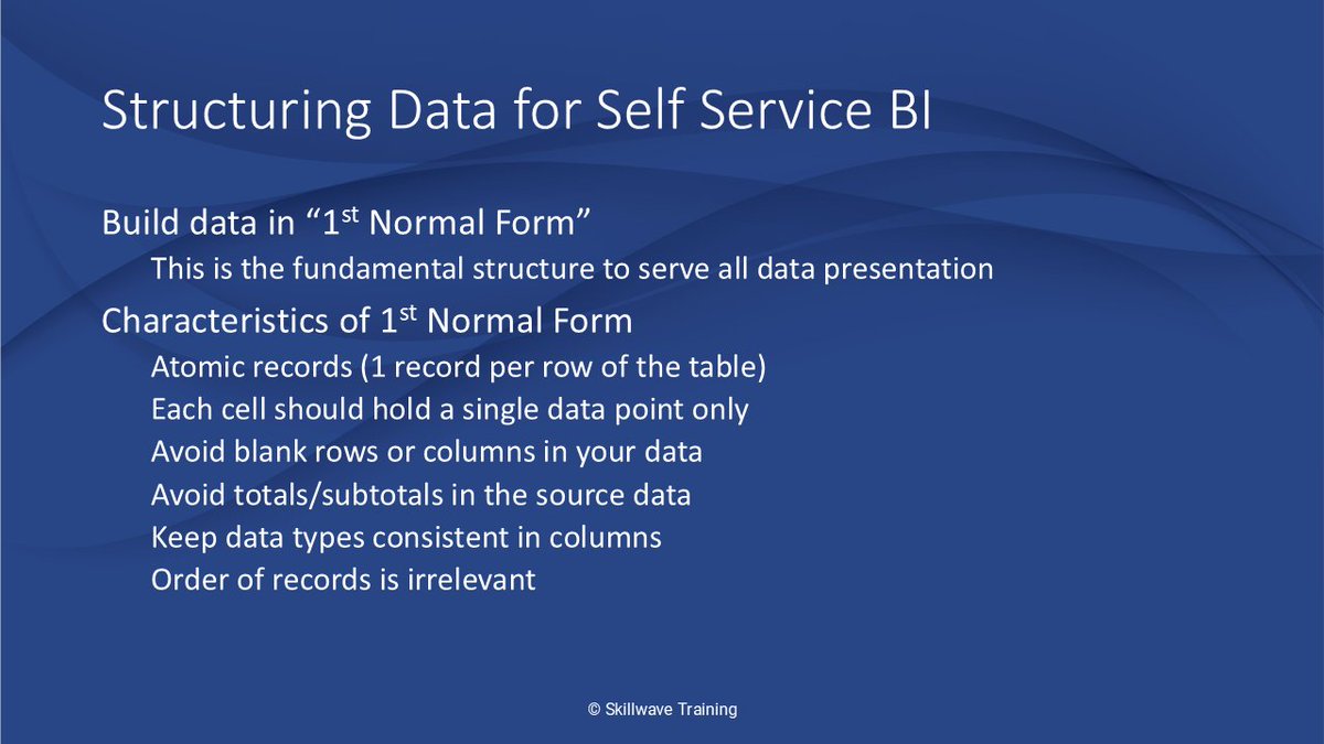 kpuls's tweet image. Today, I&apos;m leading a course on #DimensionalModeling with #PowerPivot for @cpa_bc. A top thing to understand is how to properly structure your data for #DataModeling and building #BusinessIntelligence solutions. 🔑 The key to this is getting the data into &quot;First Normal Form&quot;.