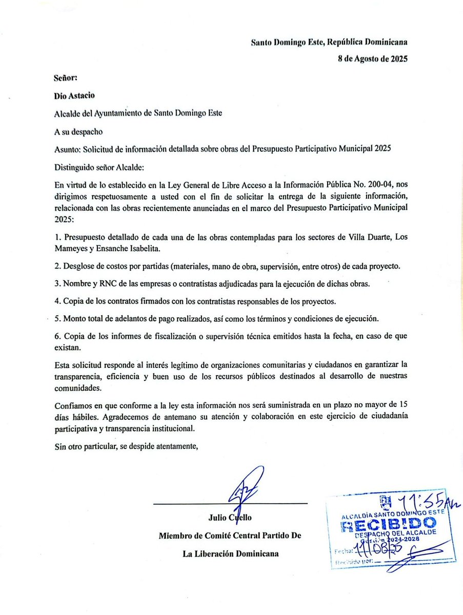 Hoy depositamos la comunicación al alcalde de SDE <a href="/dioastacio/">Dío Astacio</a> para vía  la oficina de libre acceso a la información nos entreguen lo relacionado a obras de propuestos participativos de los sectores de villa Duarte, los Mameyes y la Isabelita. Estaremos dando seguimiento.