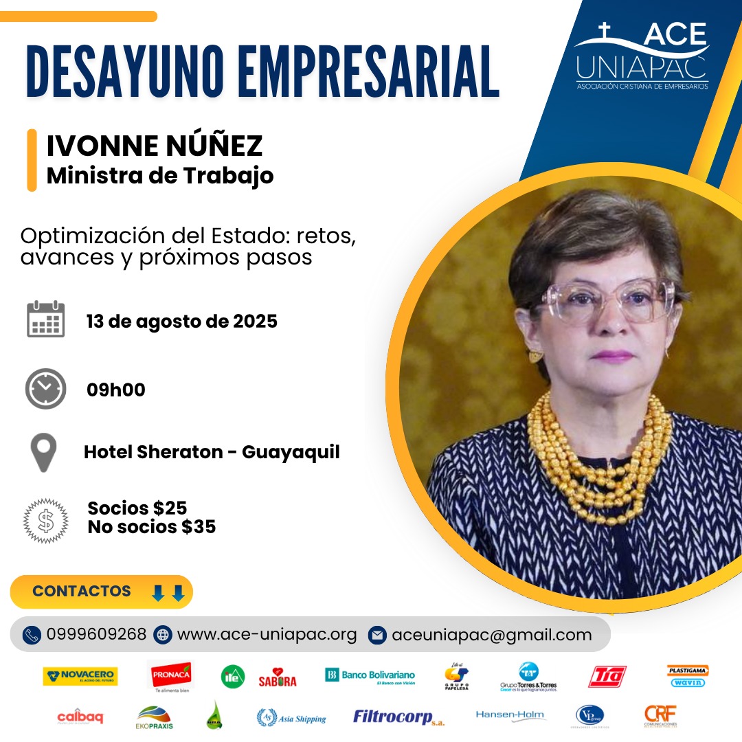 ACE-Uniapac (@aceuniapac) on Twitter photo ☕ DESAYUNO EMPRESARIAL
 Optimización del Estado: retos, avances y próximos pasos
Invitada: *Ivonne Núñez, Ministra de Trabajo* 
🗓️ Miércoles 13 de agosto
🕣 09:00 am
📍  Hotel Sheraton - Guayaquil
💲 Socios ACE Uniapac $25 No Socios $35
✍🏼 forms.gle/WHd59CNdwNkxzB… ☕ DESAYUNO EMPRESARIAL
 Optimización del Estado: retos, avances y próximos pasos
Invitada: *Ivonne Núñez, Ministra de Trabajo* 
🗓️ Miércoles 13 de agosto
🕣 09:00 am
📍  Hotel Sheraton - Guayaquil
💲 Socios ACE Uniapac $25 No Socios $35
✍🏼 forms.gle/WHd59CNdwNkxzB…