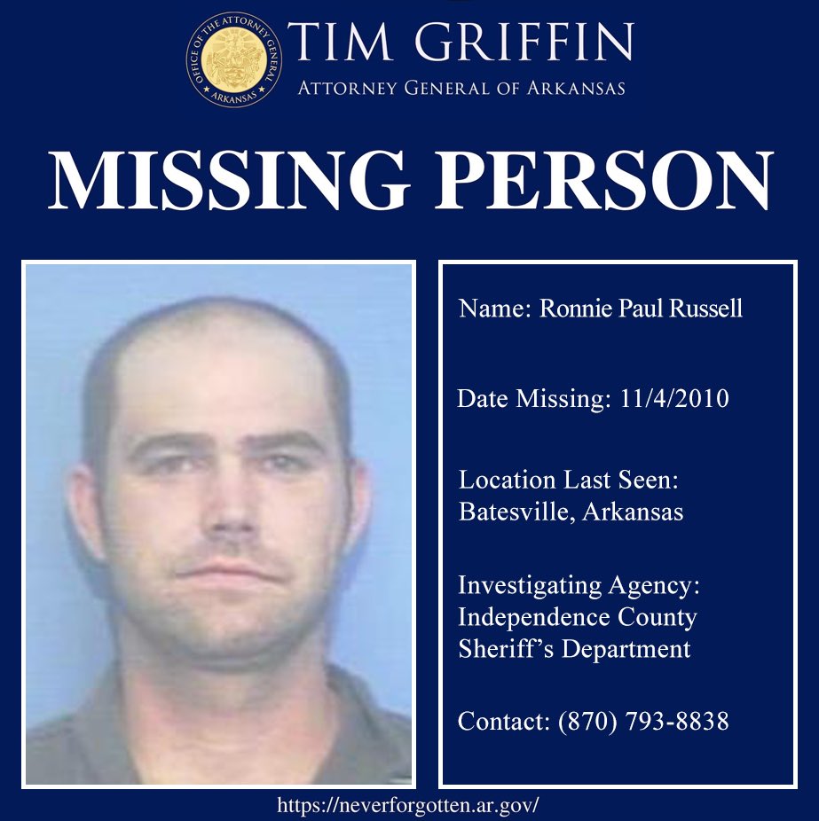 Ronnie Paul Russell has been missing since November of 2010. He was last seen in Batesville, Arkansas. If you have any information about him, please contact the Independence County Sheriff's Department at (870) 793-8838. #missingpersonmonday