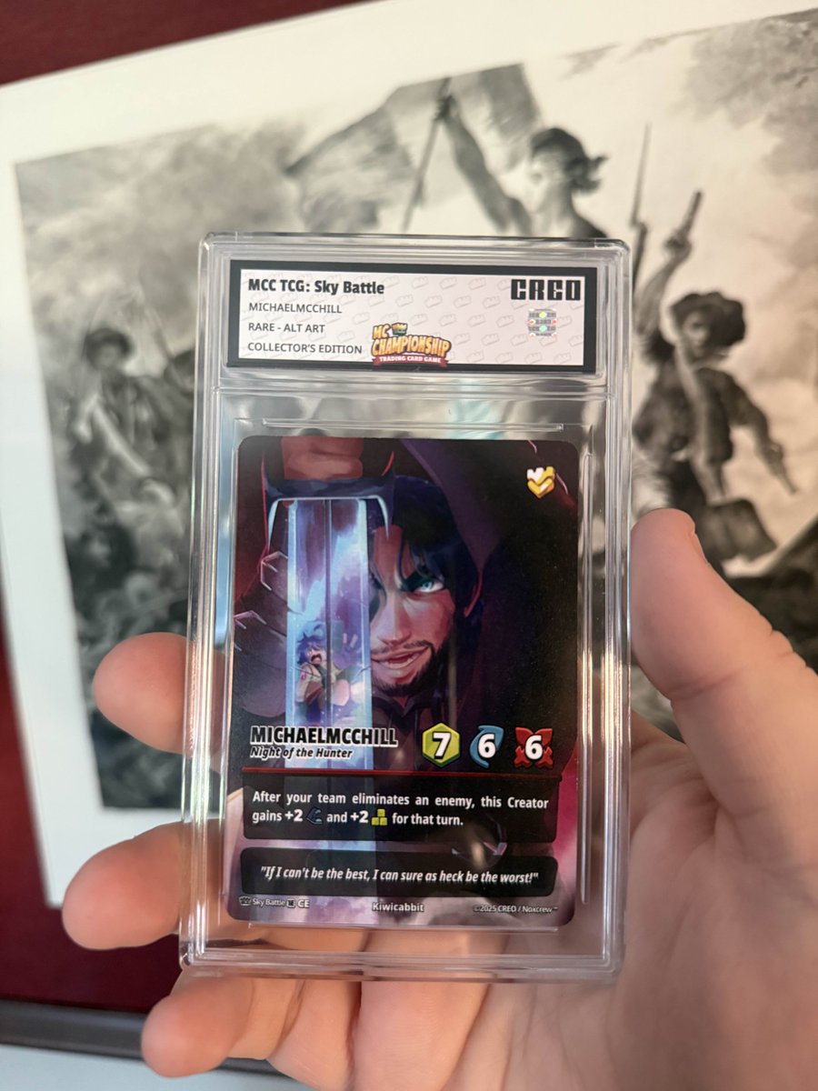 Michaelmcchill's tweet photo. Long tweet. 💜

My @MCChampionship_ Collector's Edition card can FINALLY be revealed. I've been so stoked about this and hate that I've not been able to talk about it.

This is my second card in the series by @Kiwicabbit, and it's absolutely gorgeous. I may be biased, but it's probably one of my favorites in the whole game.

If you told me when I was a kid that I'd have not one, but four cards in a card game that I *actually* enjoy, I'd have lost it. Not only that, but I was able to choose the most talented artists I know of, but also my amazing friends @osidinum and Kiwi. I'm constantly blown away by the art that this game has been able to produce alongside so many amazing artists and creators.

The people at @creocards and @Noxcrew (especially @CloudFuel and @avondale1718) have been a pleasure to work with, and this project has been so cool seeing come together.

You can pick up these collector's edition cards on August 18th at the link below! Thanks for supporting these awesome projects.

https://t.co/rpZlVVvhAZ