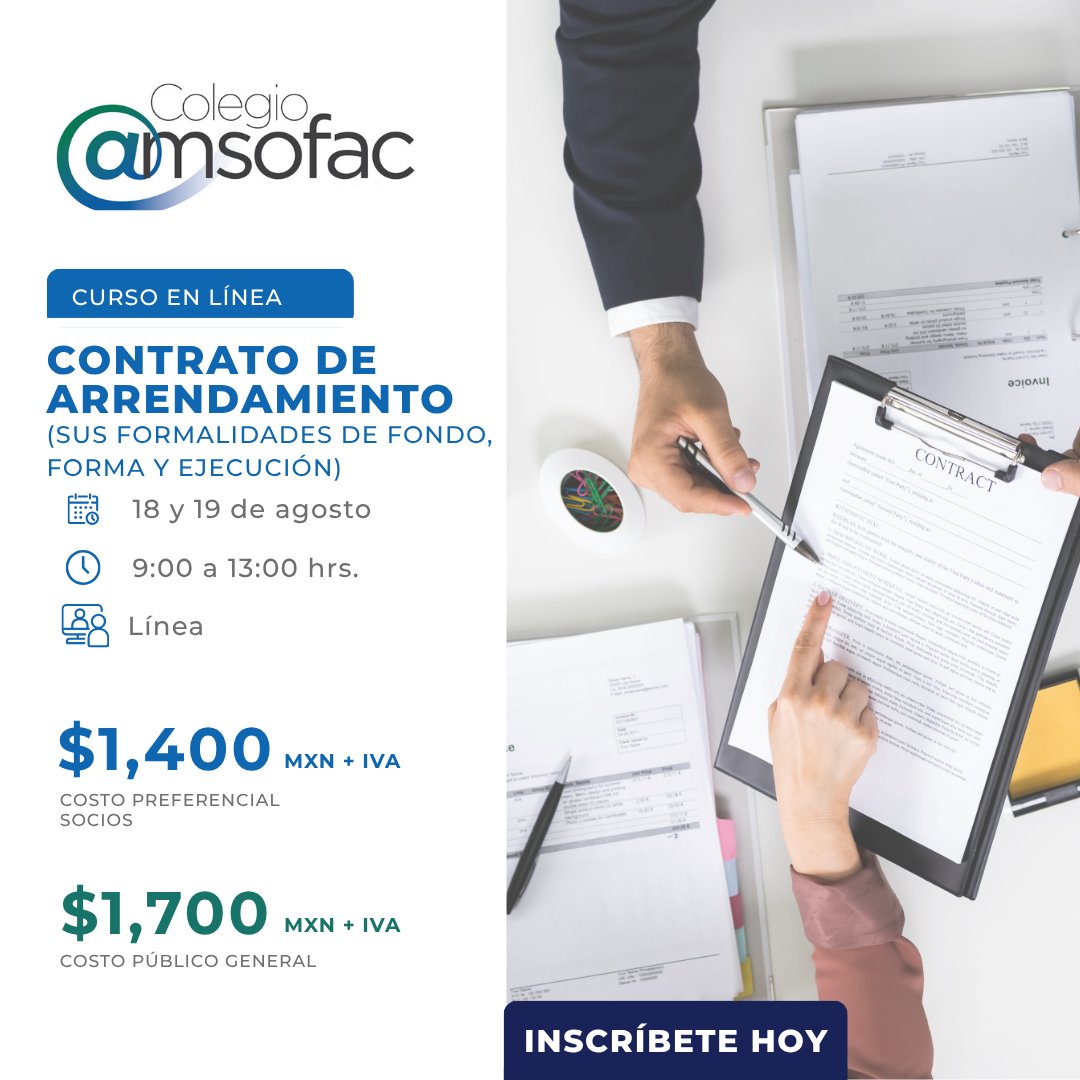 ¡Nuevos cursos del Colegio AMSOFAC! 🚀
1️⃣ "Introducción al Arrendamiento"🗓️ 15 de agosto
2️⃣ "Contrato de Arrendamiento"🗓️ 18 y 19 de agosto

¡Precios especiales para #SocioAMSOFAC! 🤝 Inscríbete ya. 👇 
forms.gle/Vb3CAimU4zKwLe…

#AMSOFAC #ColegioAMSOFAC #CursosEnLínea #IFNB